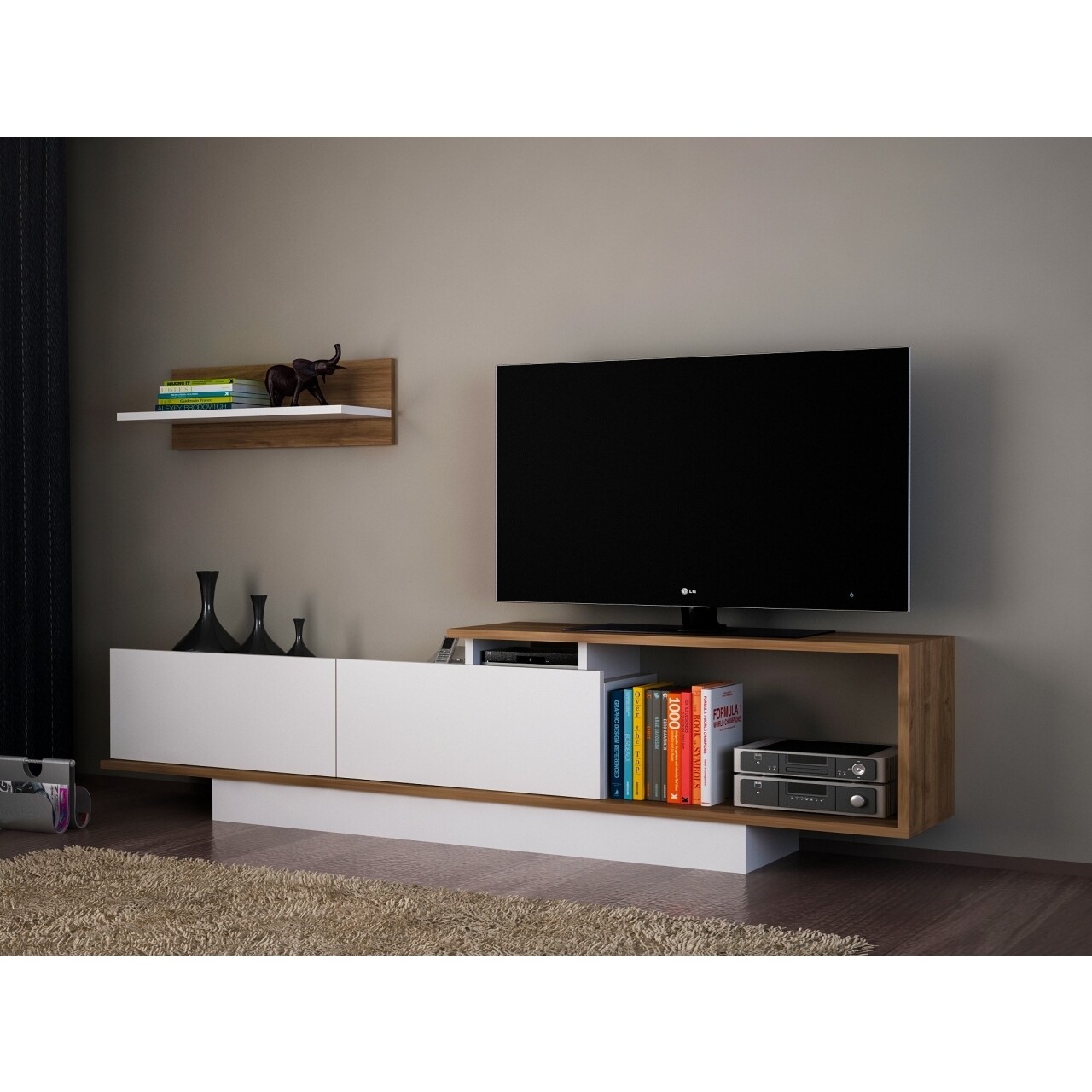 Comoda TV cu dulap, Wooden Art, Asos White Walnut - imagine 5